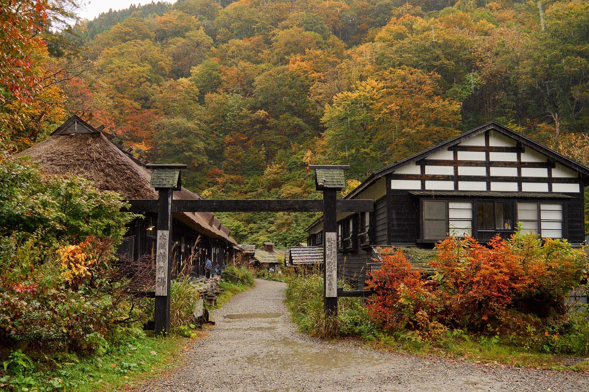 紅葉に囲まれた鶴の湯温泉の入口の門と木造の建物(2025年10月)