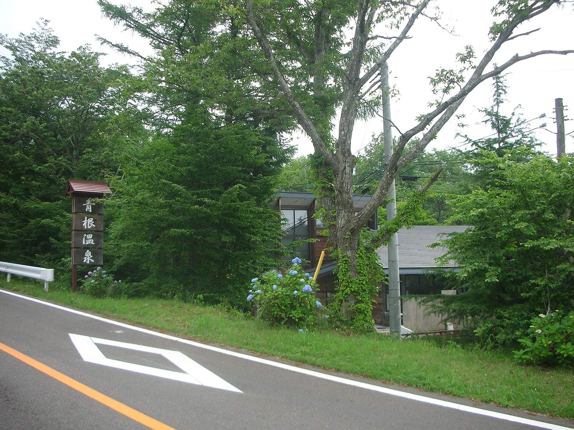 青根温泉の入口に立つ「青根温泉」の標柱と木立