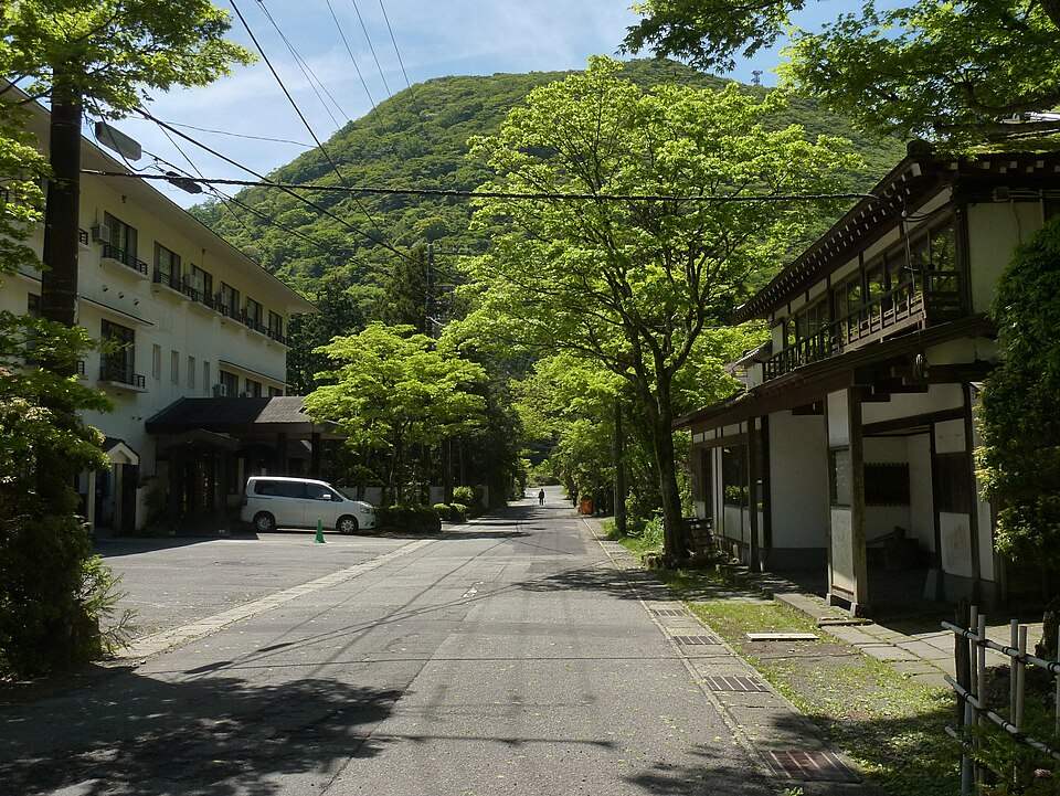 新緑の芦之湯温泉の通りと旅館の建物