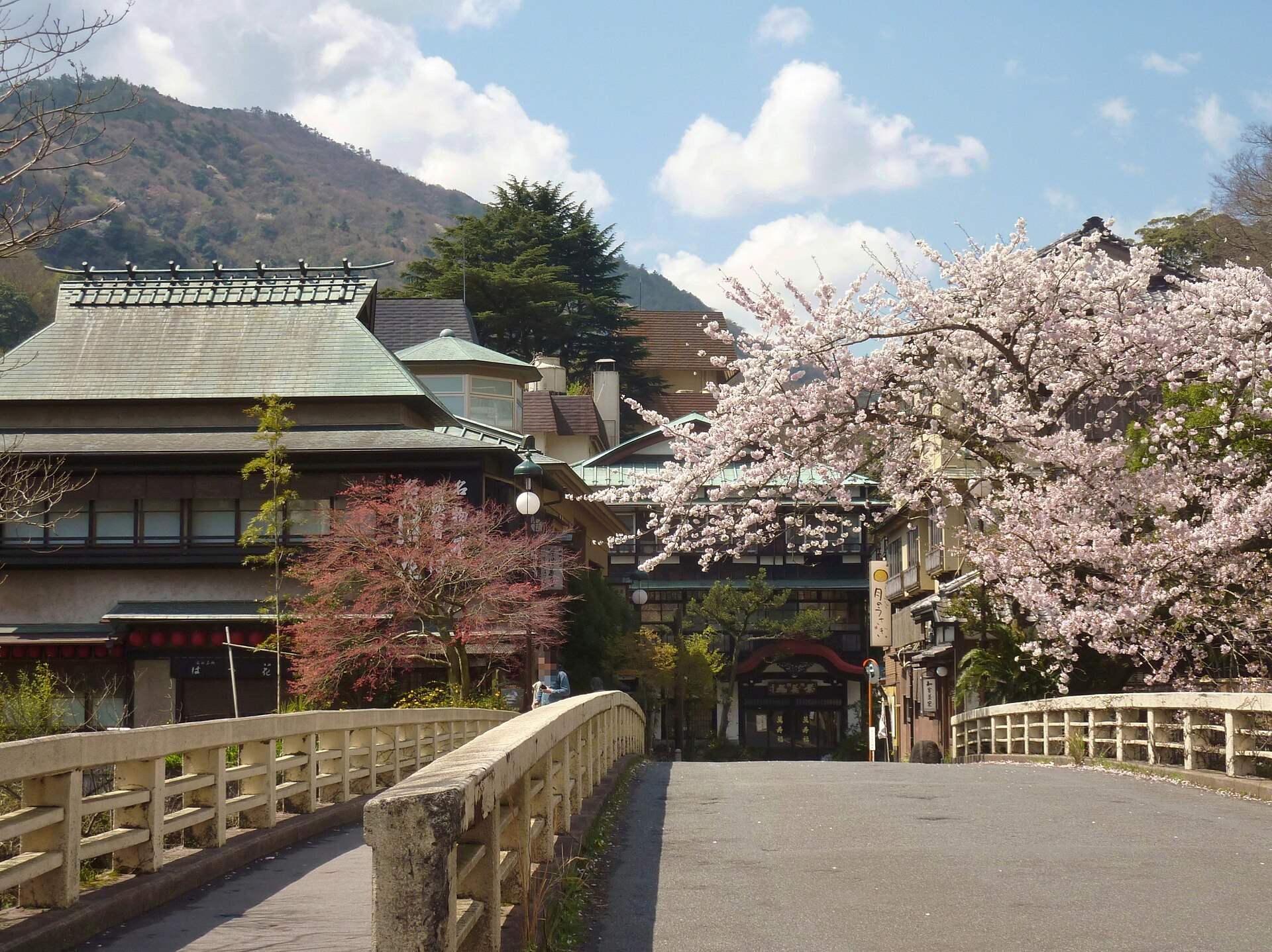 桜の咲く箱根湯本温泉。湯本橋の先に旅館が建つ