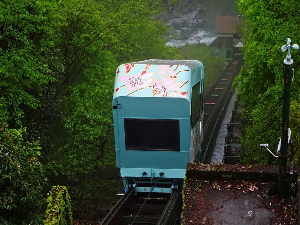 祖谷温泉の谷底の露天風呂へ下るケーブルカー(2023年に新しくなった車両)