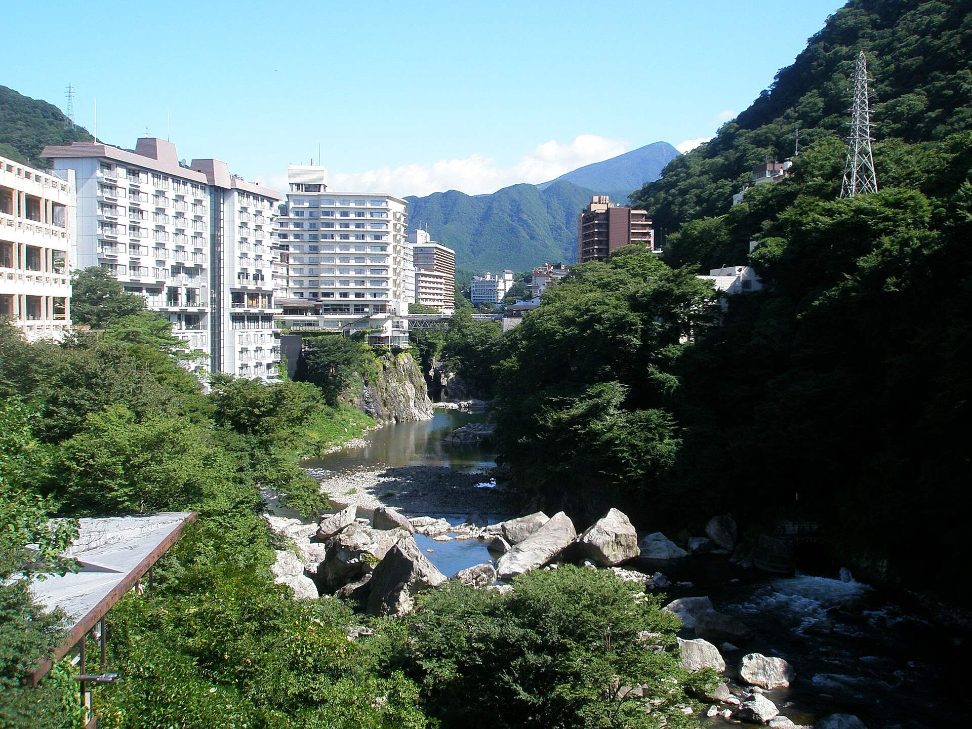 鬼怒川温泉の渓谷と川沿いに建つホテル