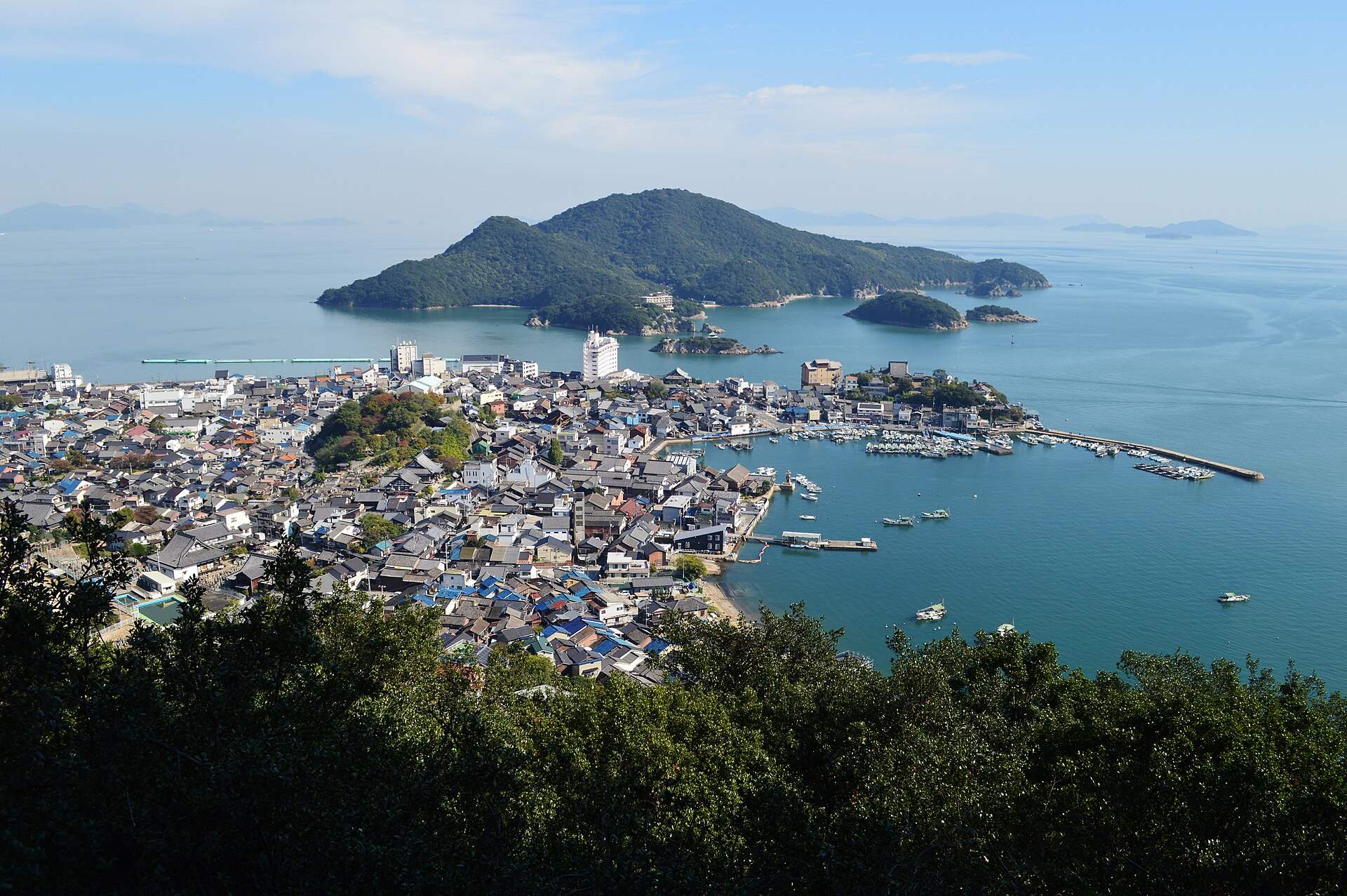高台から見た鞆の浦の港町と仙酔島